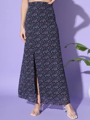 Navy Blue Floral Side Slit Skirt