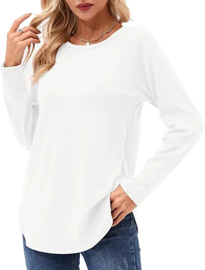 New Ekouaer Women Long Sleeve Shirts Fall Winter Casual Fashion Tunic Tops Crewneck Basic Loose T Shirt White Sz XL