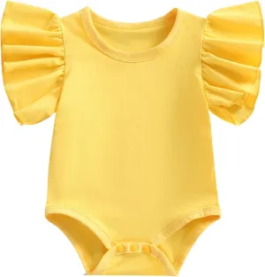 Newborn Baby Girl Ruffle Sleeve Romper T Shirt Cotton Solid Color Onesie Bodysuit Basic Tee Tops Summer Clothes
