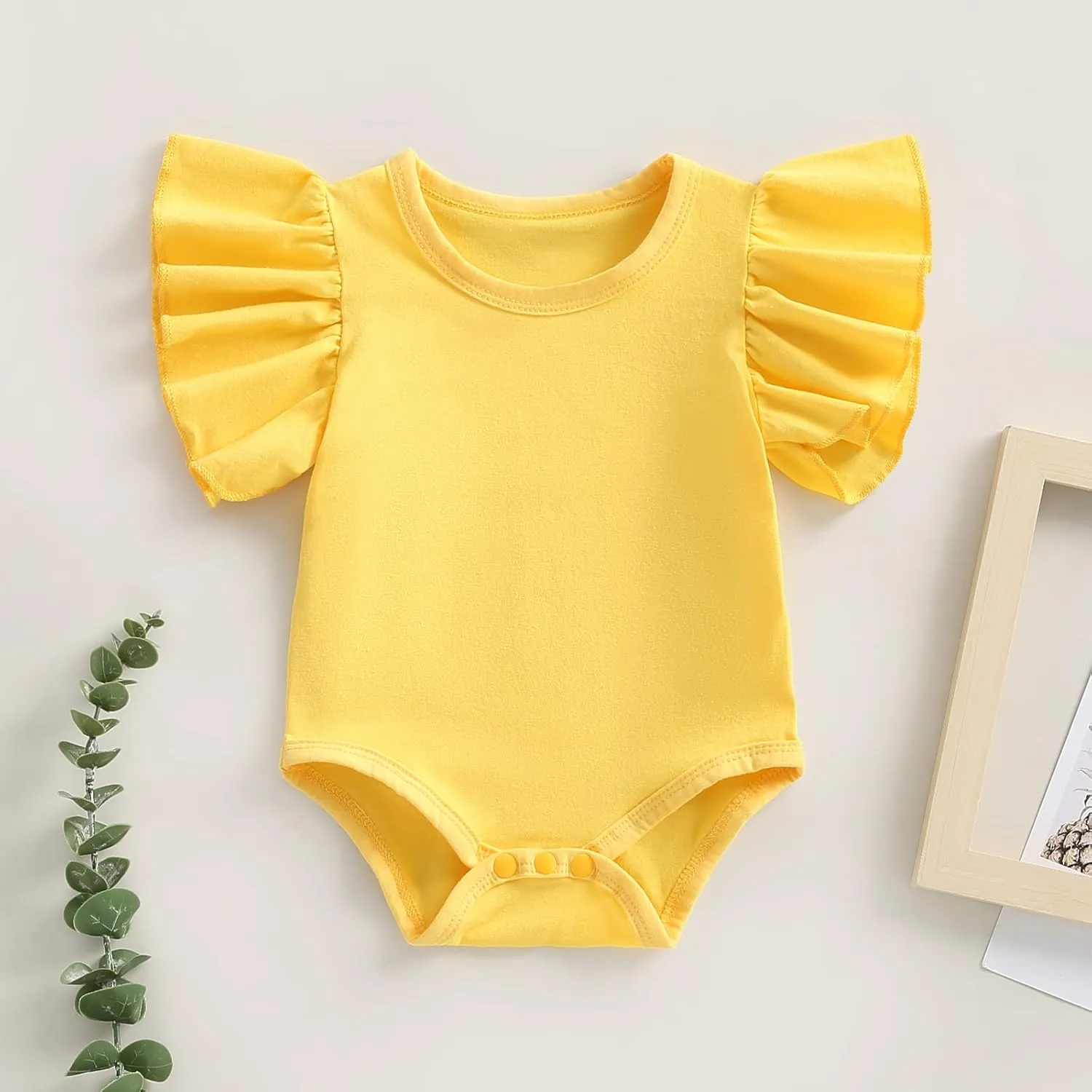 Newborn Baby Girl Ruffle Sleeve Romper T Shirt Cotton Solid Color Onesie Bodysuit Basic Tee Tops Summer Clothes