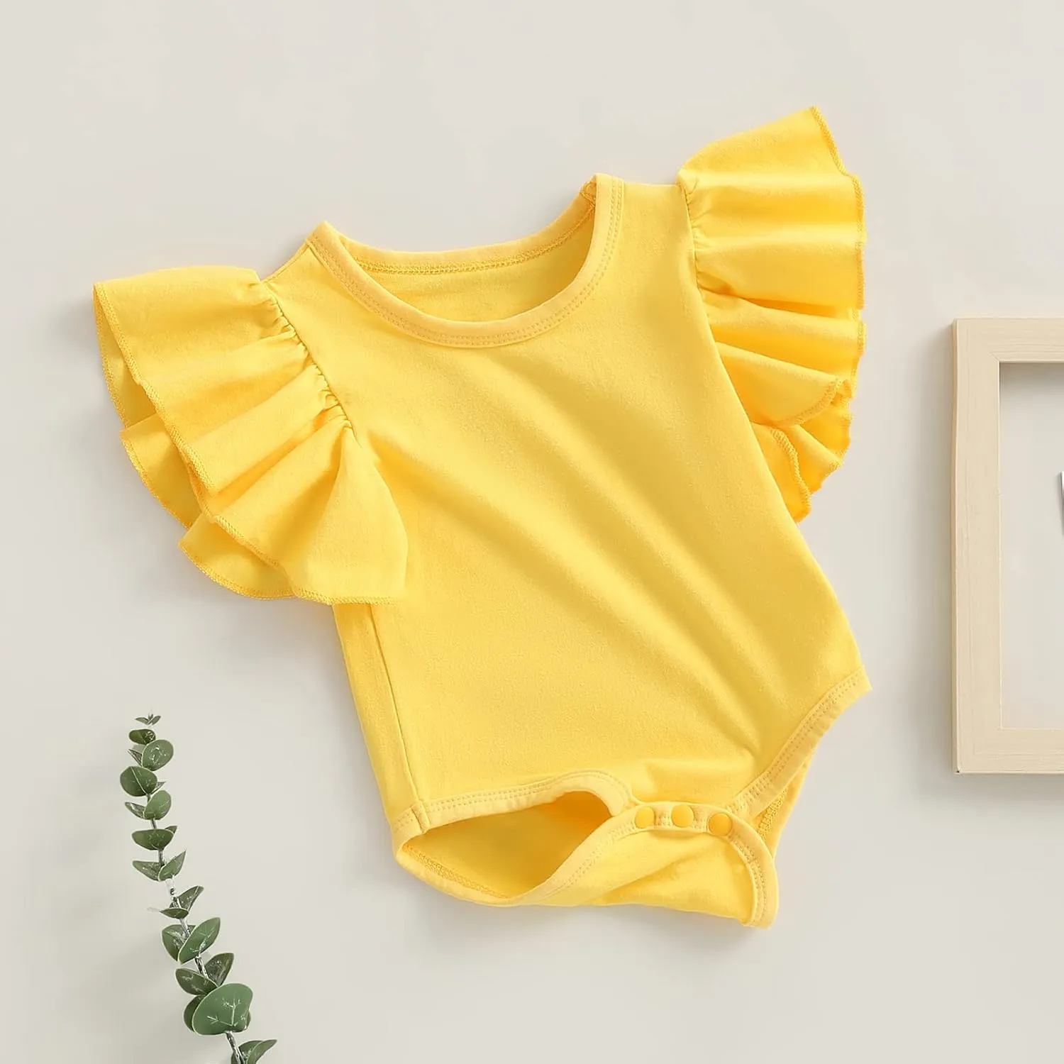 Newborn Baby Girl Ruffle Sleeve Romper T Shirt Cotton Solid Color Onesie Bodysuit Basic Tee Tops Summer Clothes