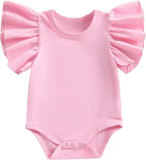Newborn Baby Girl Ruffle Sleeve Romper T Shirt Cotton Solid Color Onesie Bodysuit Basic Tee Tops Summer Clothes