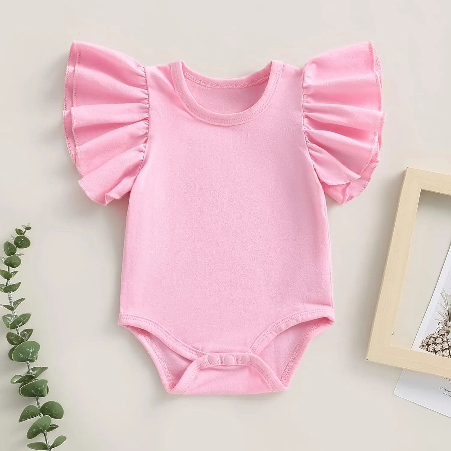Newborn Baby Girl Ruffle Sleeve Romper T Shirt Cotton Solid Color Onesie Bodysuit Basic Tee Tops Summer Clothes