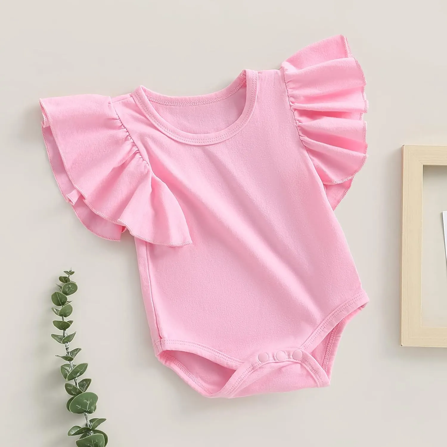 Newborn Baby Girl Ruffle Sleeve Romper T Shirt Cotton Solid Color Onesie Bodysuit Basic Tee Tops Summer Clothes