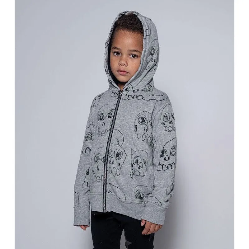 NUNUNU Scribbled Skulls Zip Hoodie Grey