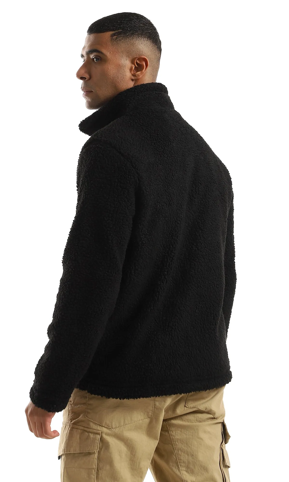 O156174 Cozy Fur Zip Through Neck Black Jacket With Side Pockets