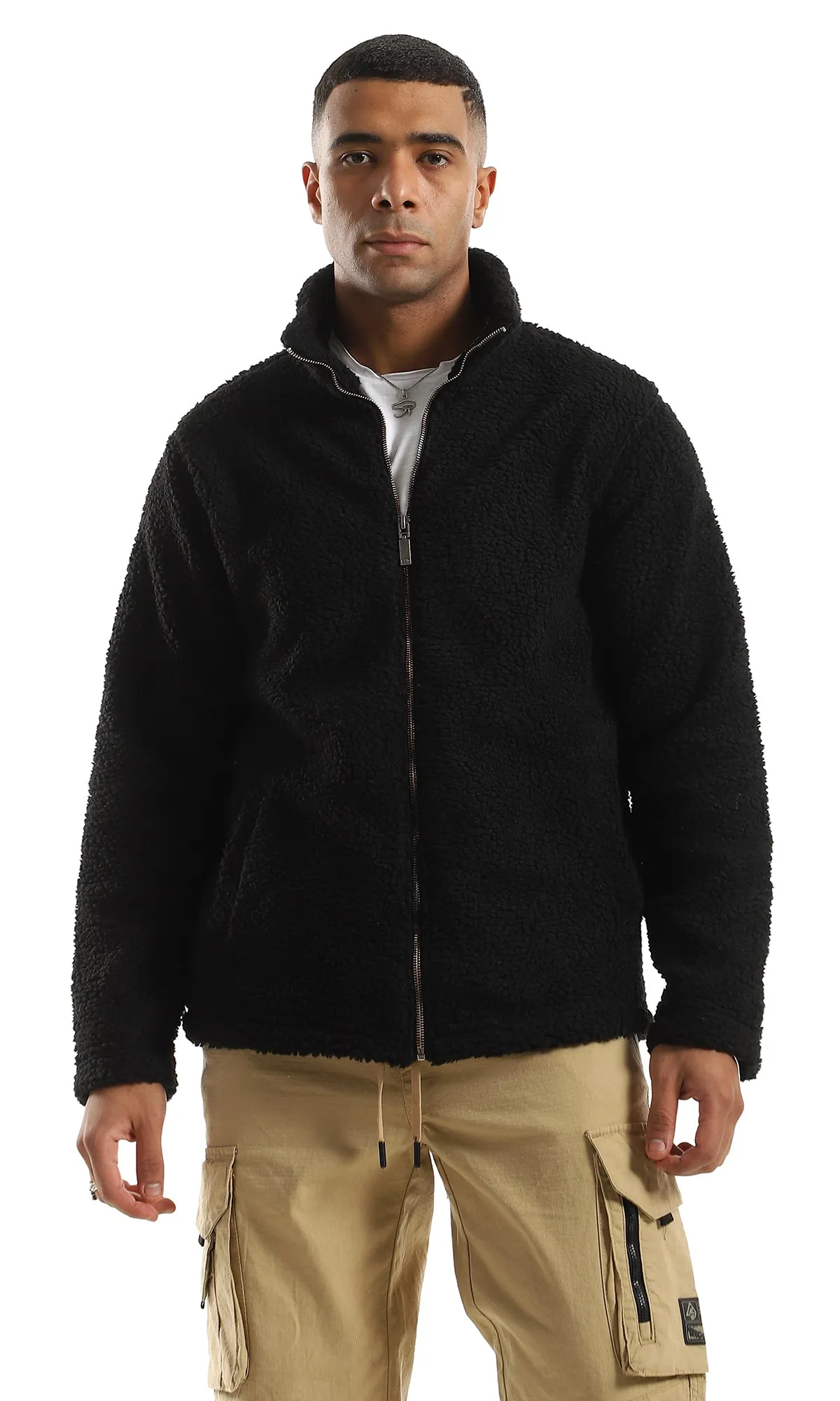 O156174 Cozy Fur Zip Through Neck Black Jacket With Side Pockets
