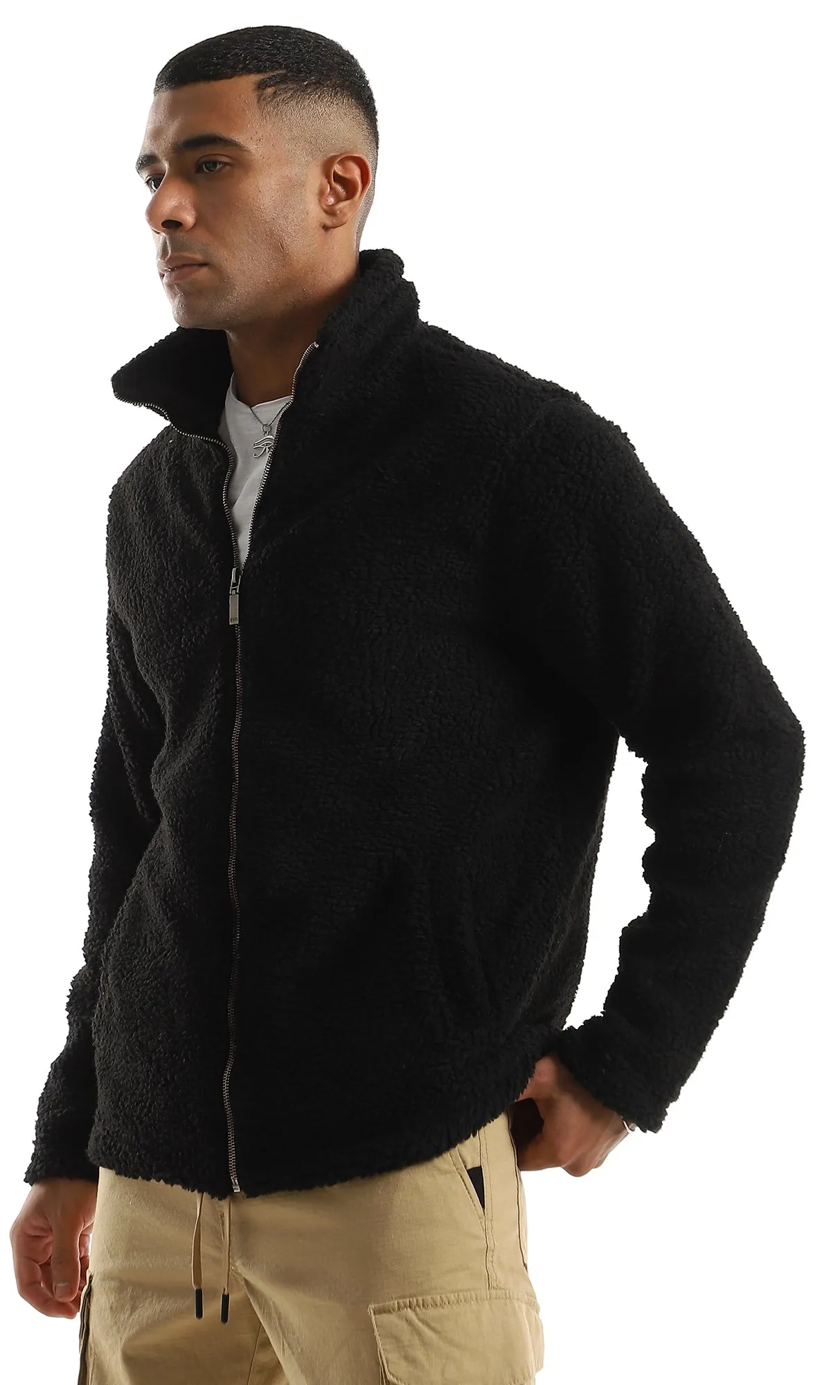 O156174 Cozy Fur Zip Through Neck Black Jacket With Side Pockets