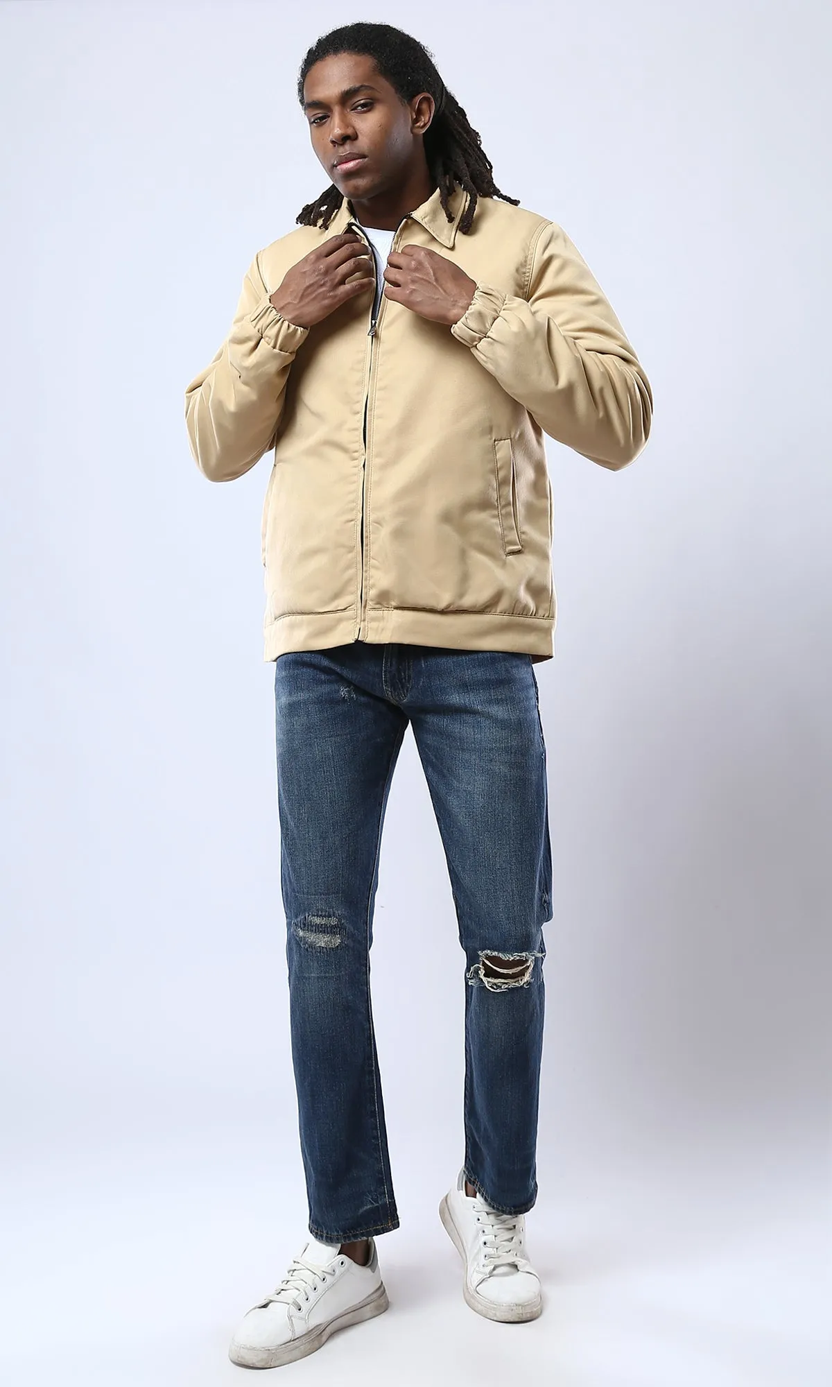 O174462 Solid Sand Zipped Jacket With Side Pockets