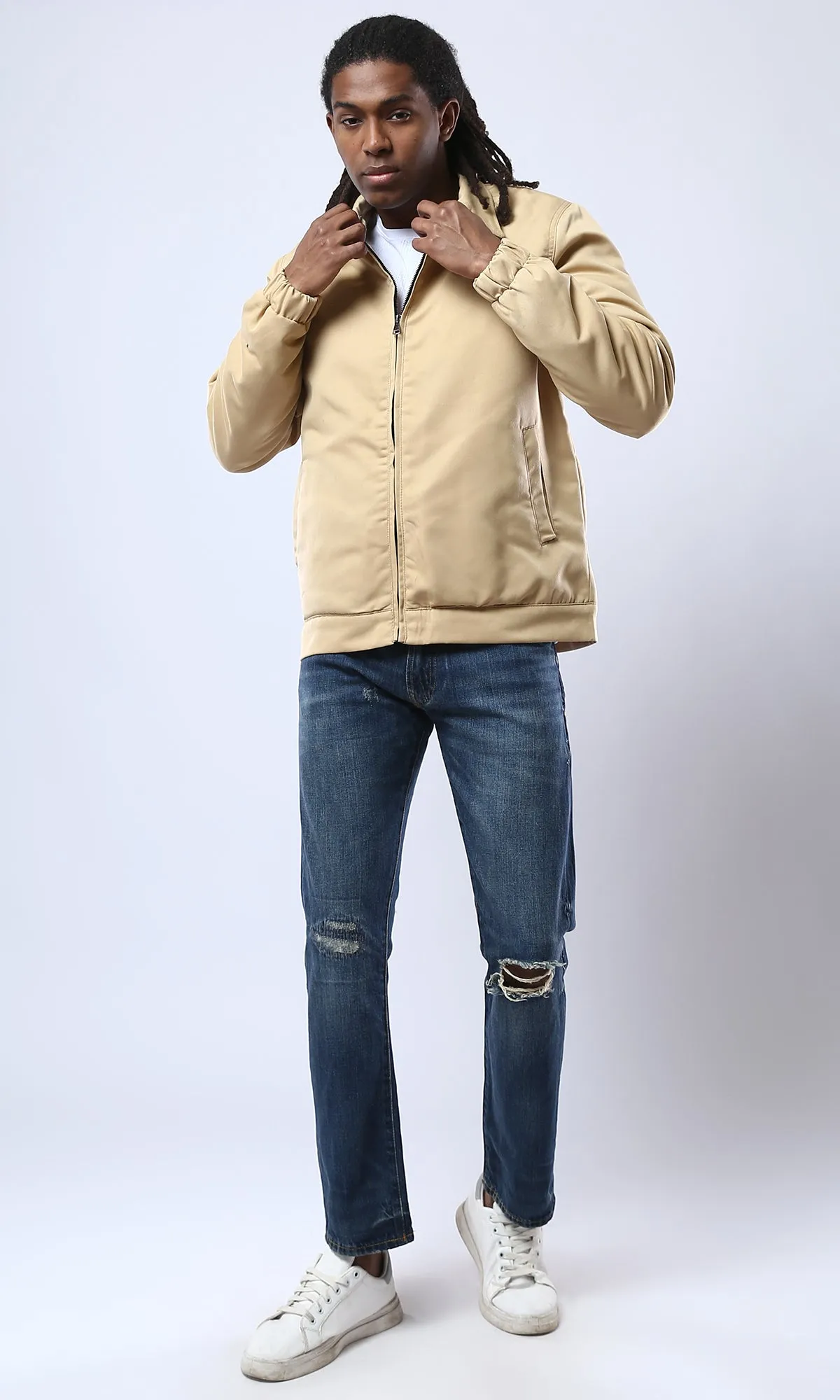 O174462 Solid Sand Zipped Jacket With Side Pockets