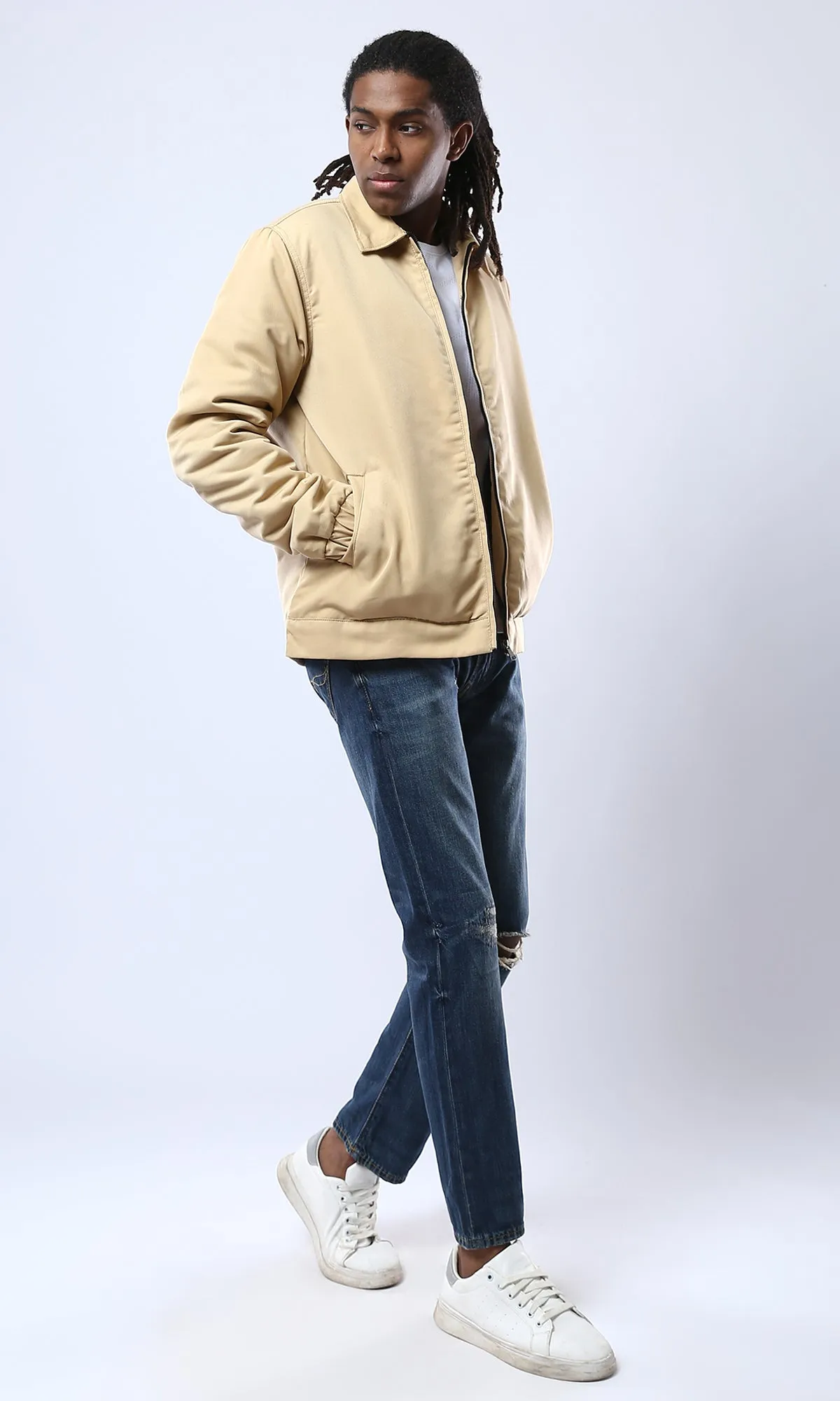 O174462 Solid Sand Zipped Jacket With Side Pockets