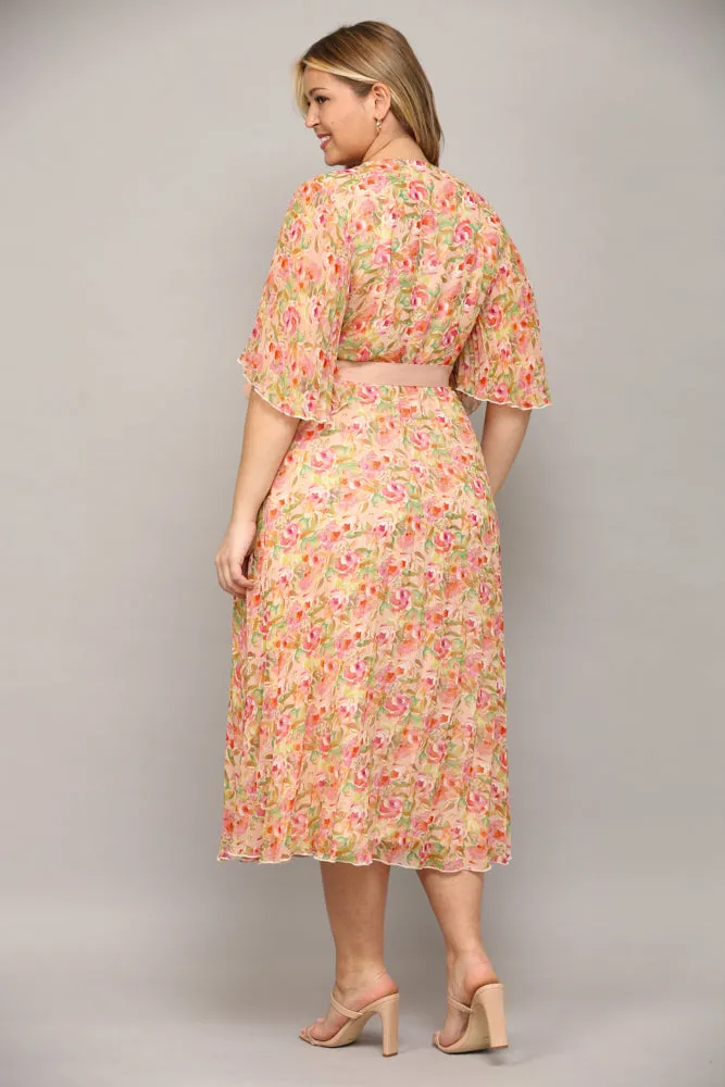 Pleated Floral Wrap Midi Dress