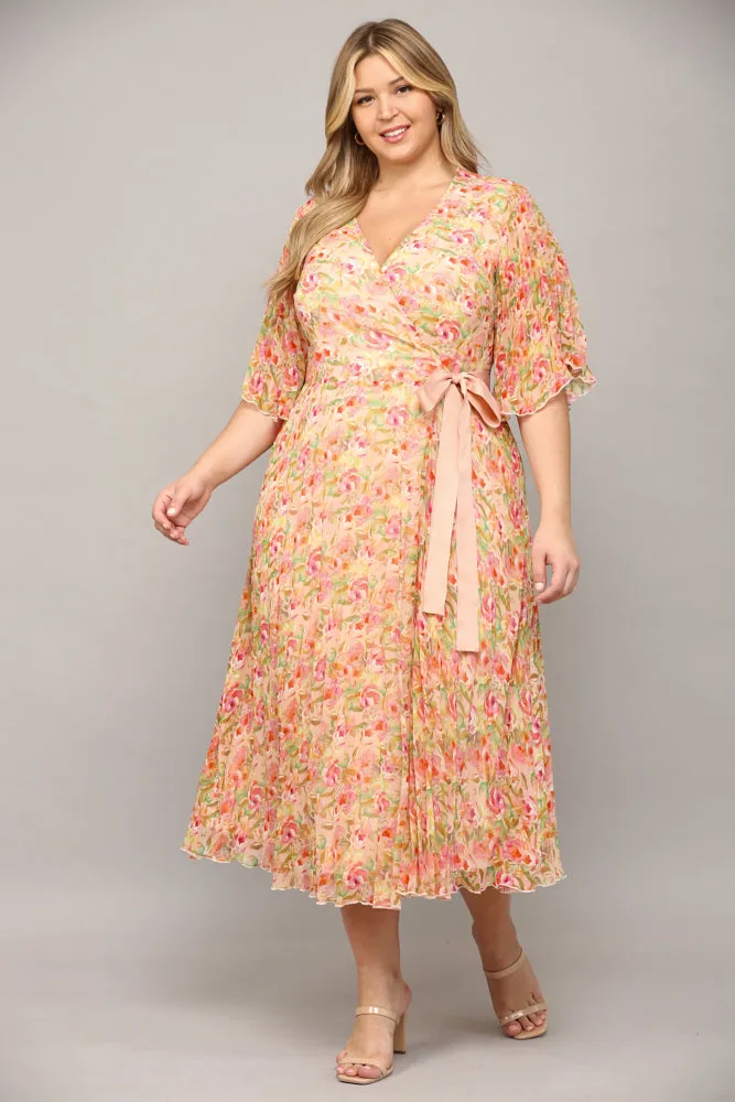 Pleated Floral Wrap Midi Dress