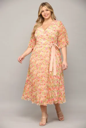 Pleated Floral Wrap Midi Dress