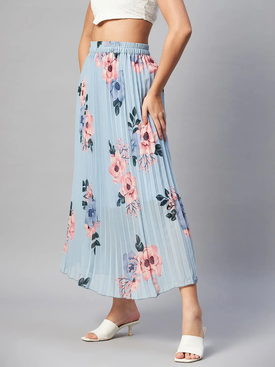 plusS  Blue  Pink Floral Printed Accordion Pleats Maxi Flared Skirt