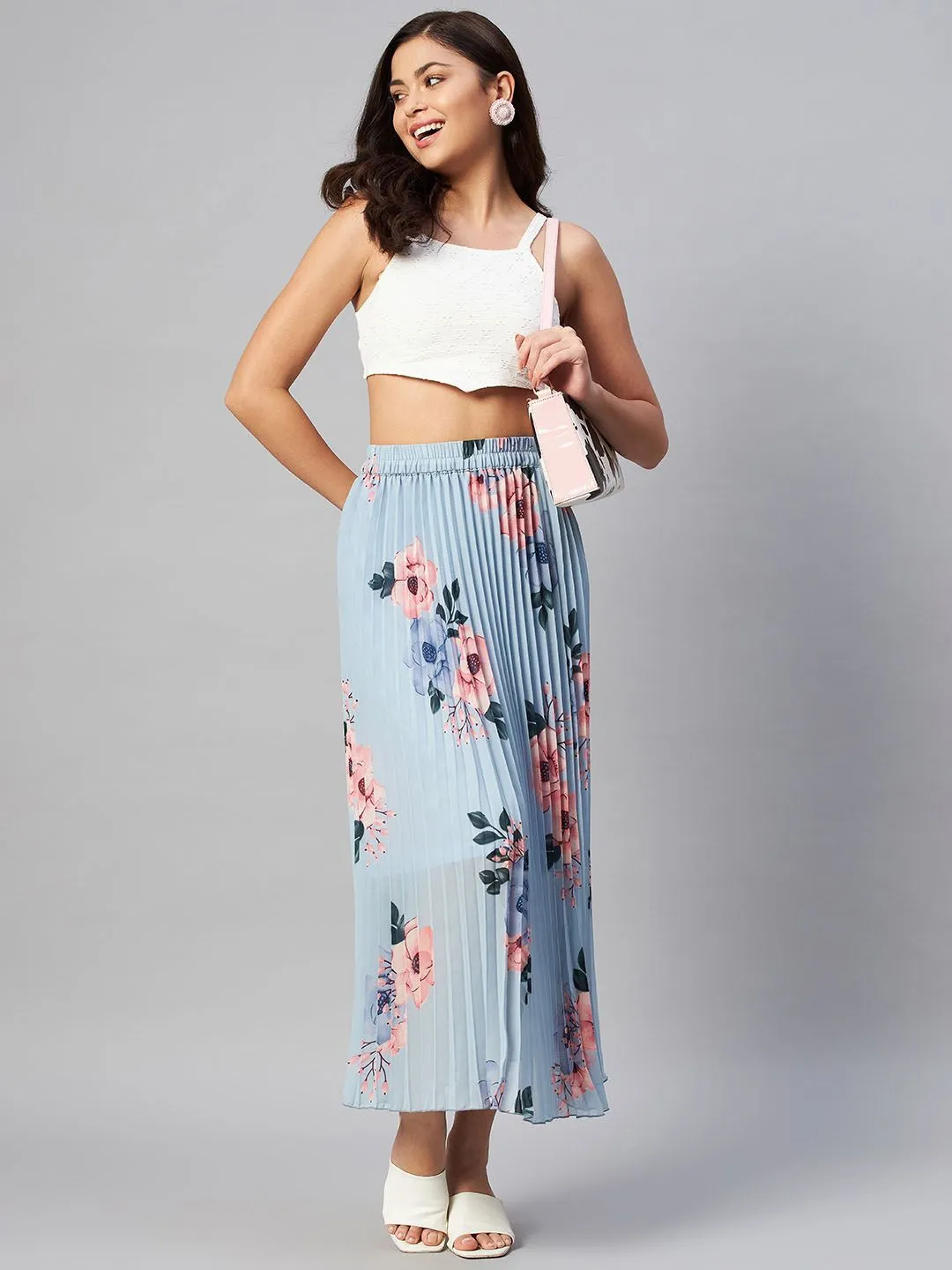 plusS  Blue  Pink Floral Printed Accordion Pleats Maxi Flared Skirt