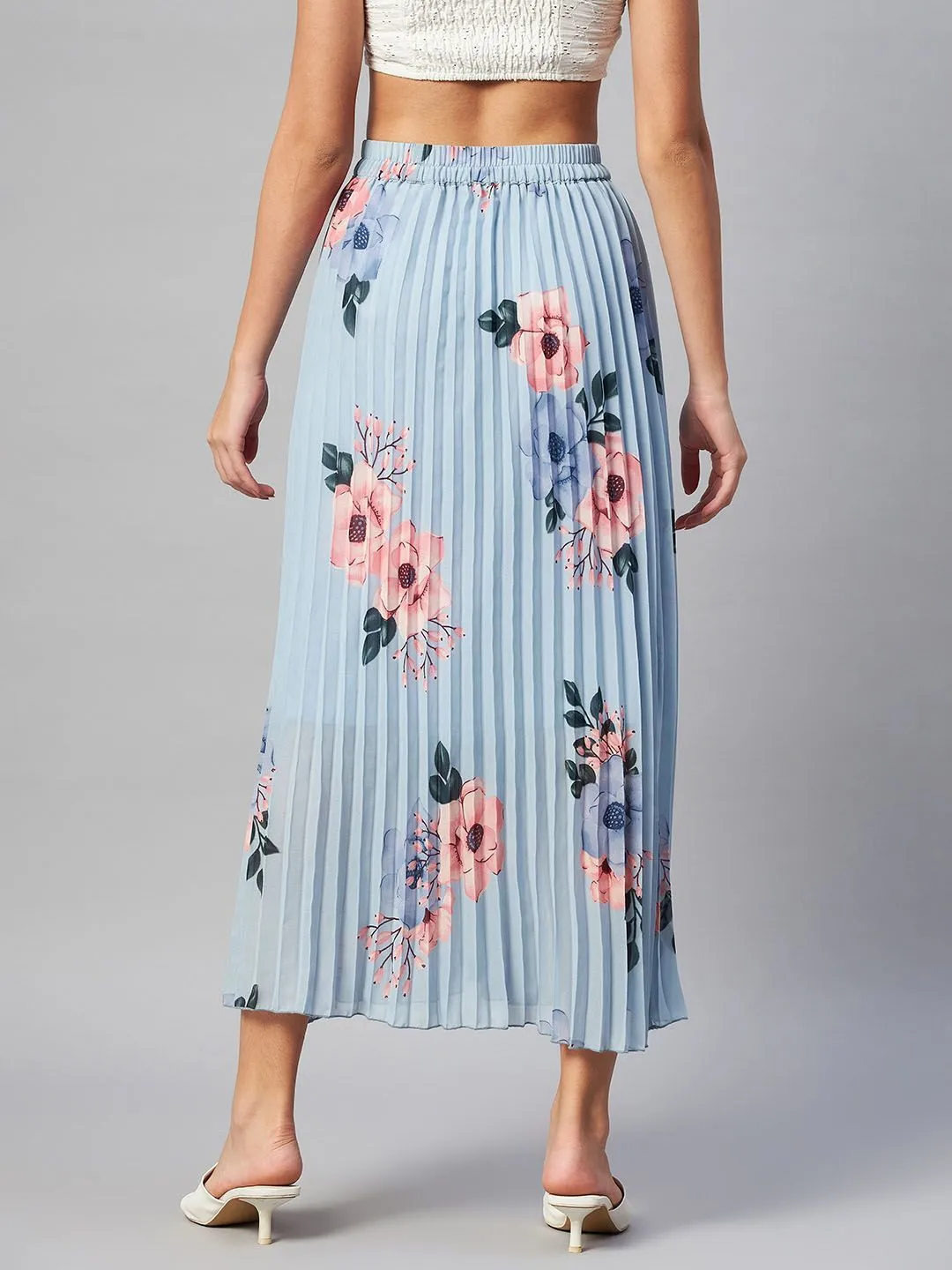 plusS  Blue  Pink Floral Printed Accordion Pleats Maxi Flared Skirt