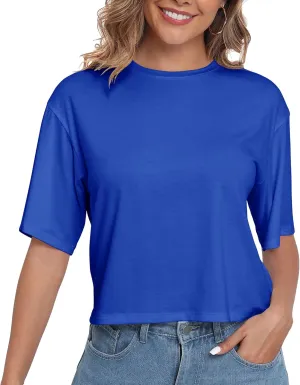 PRIMODA Women's Half Sleeve Loose Cropped T Shirts Drop Shoulder Crew Neck Crop Tops Basic Casual Tee Shirts