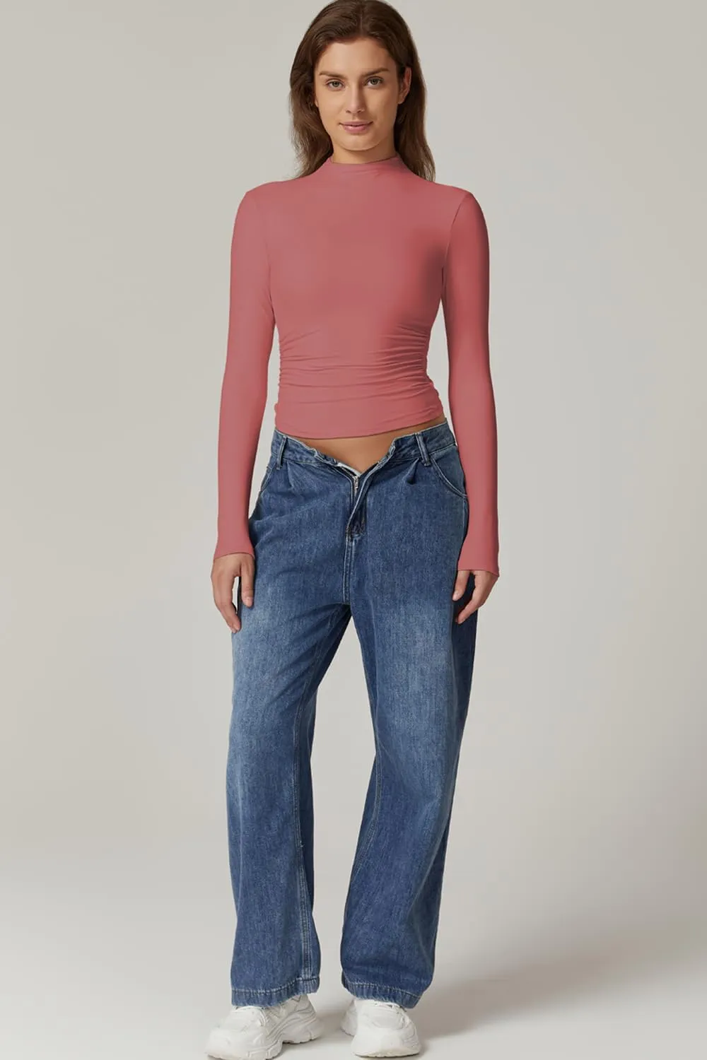 QINSEN Womens Mock Neck Long Sleeve Shirt Double Lined Basic Tees Side Ruched Going Out Crop Tops