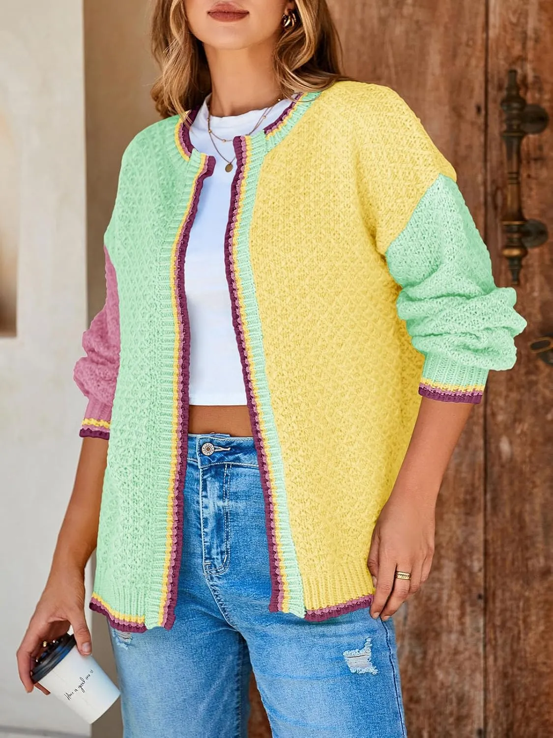 Saodimallsu Womens Color Block Cardigan Sweaters Open Front Chunky Knit Colorful Winter Sweater Coats