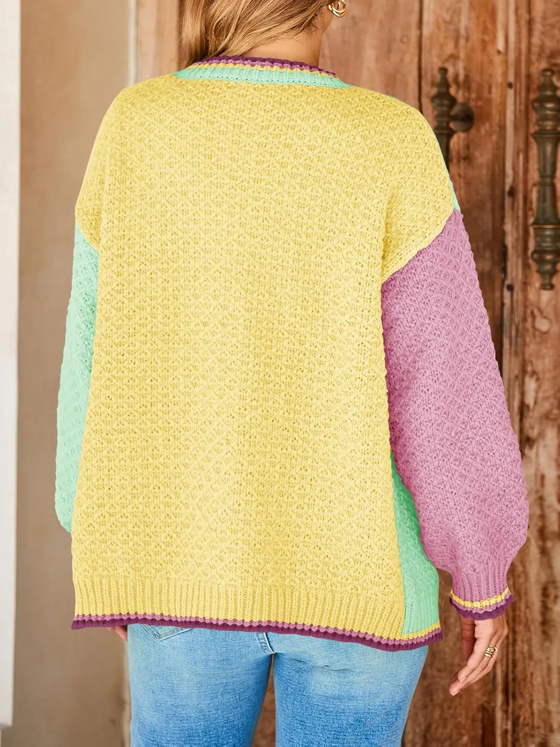 Saodimallsu Womens Color Block Cardigan Sweaters Open Front Chunky Knit Colorful Winter Sweater Coats