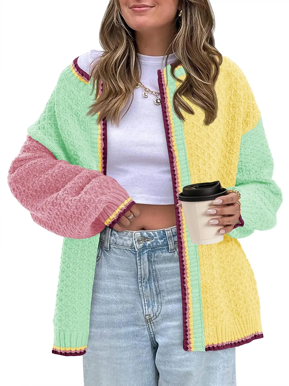 Saodimallsu Womens Color Block Cardigan Sweaters Open Front Chunky Knit Colorful Winter Sweater Coats