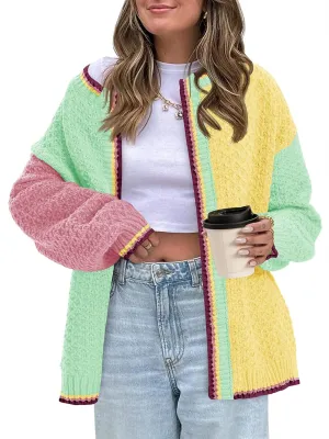 Saodimallsu Womens Color Block Cardigan Sweaters Open Front Chunky Knit Colorful Winter Sweater Coats