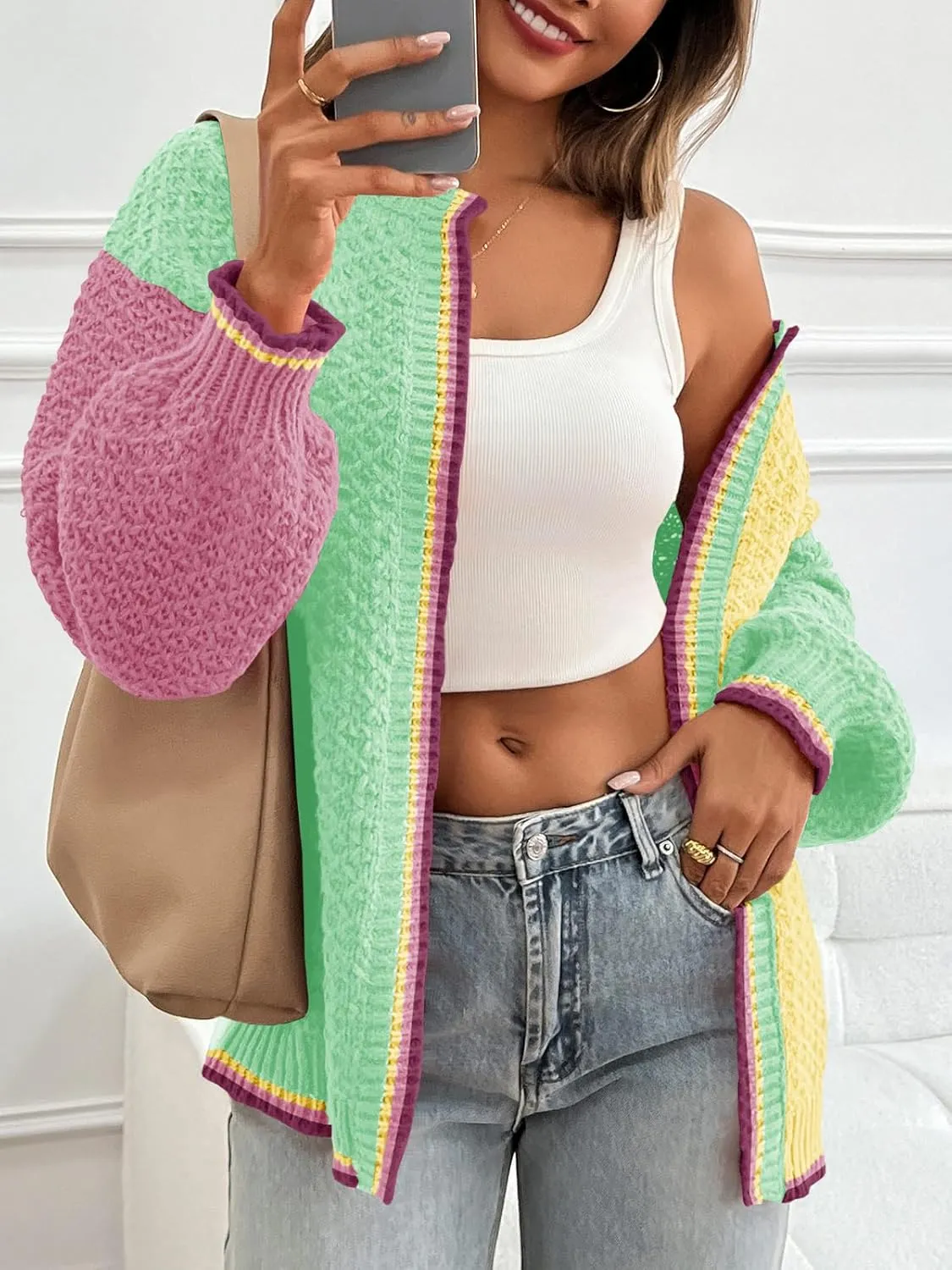 Saodimallsu Womens Color Block Cardigan Sweaters Open Front Chunky Knit Colorful Winter Sweater Coats