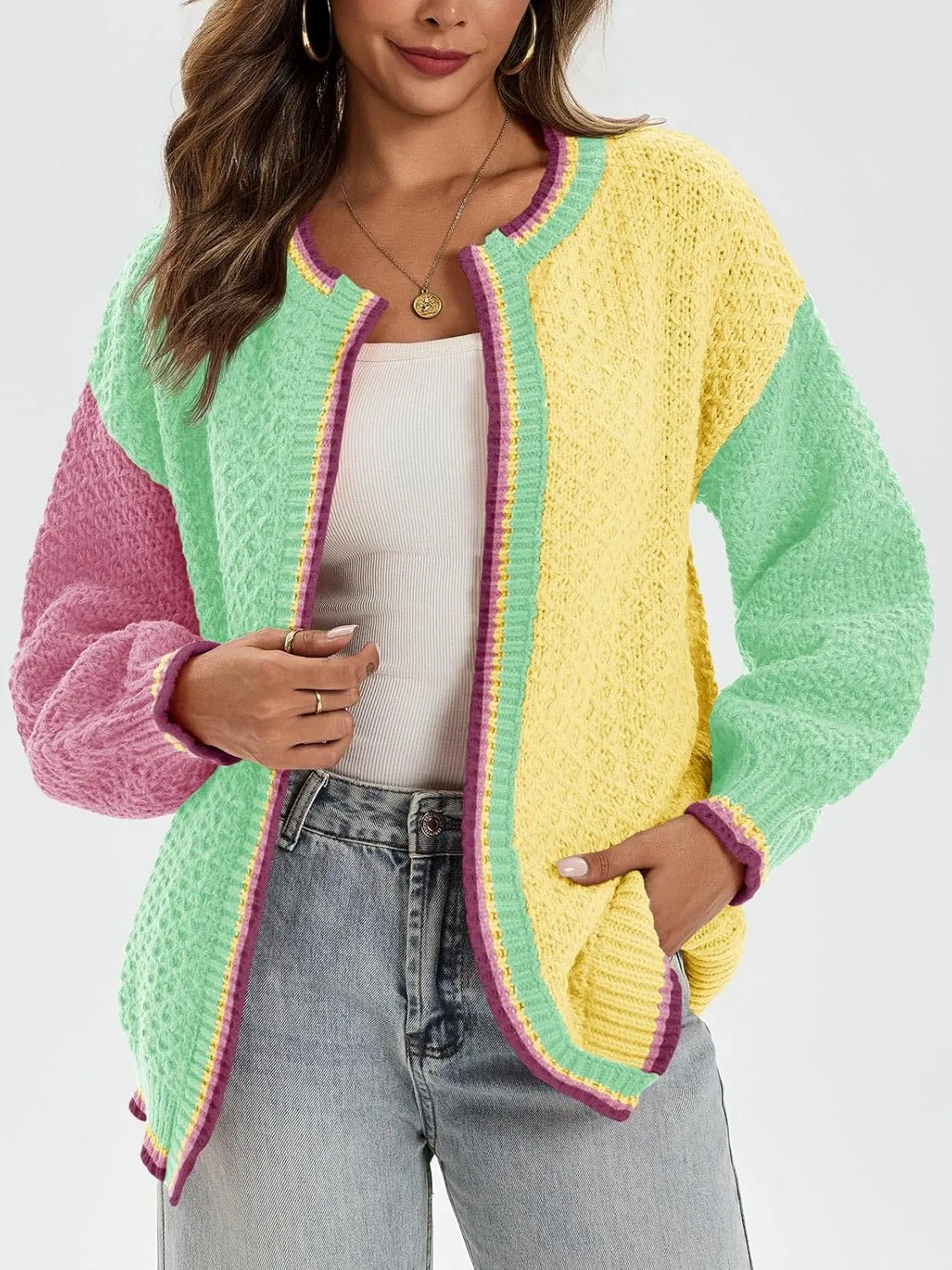 Saodimallsu Womens Color Block Cardigan Sweaters Open Front Chunky Knit Colorful Winter Sweater Coats