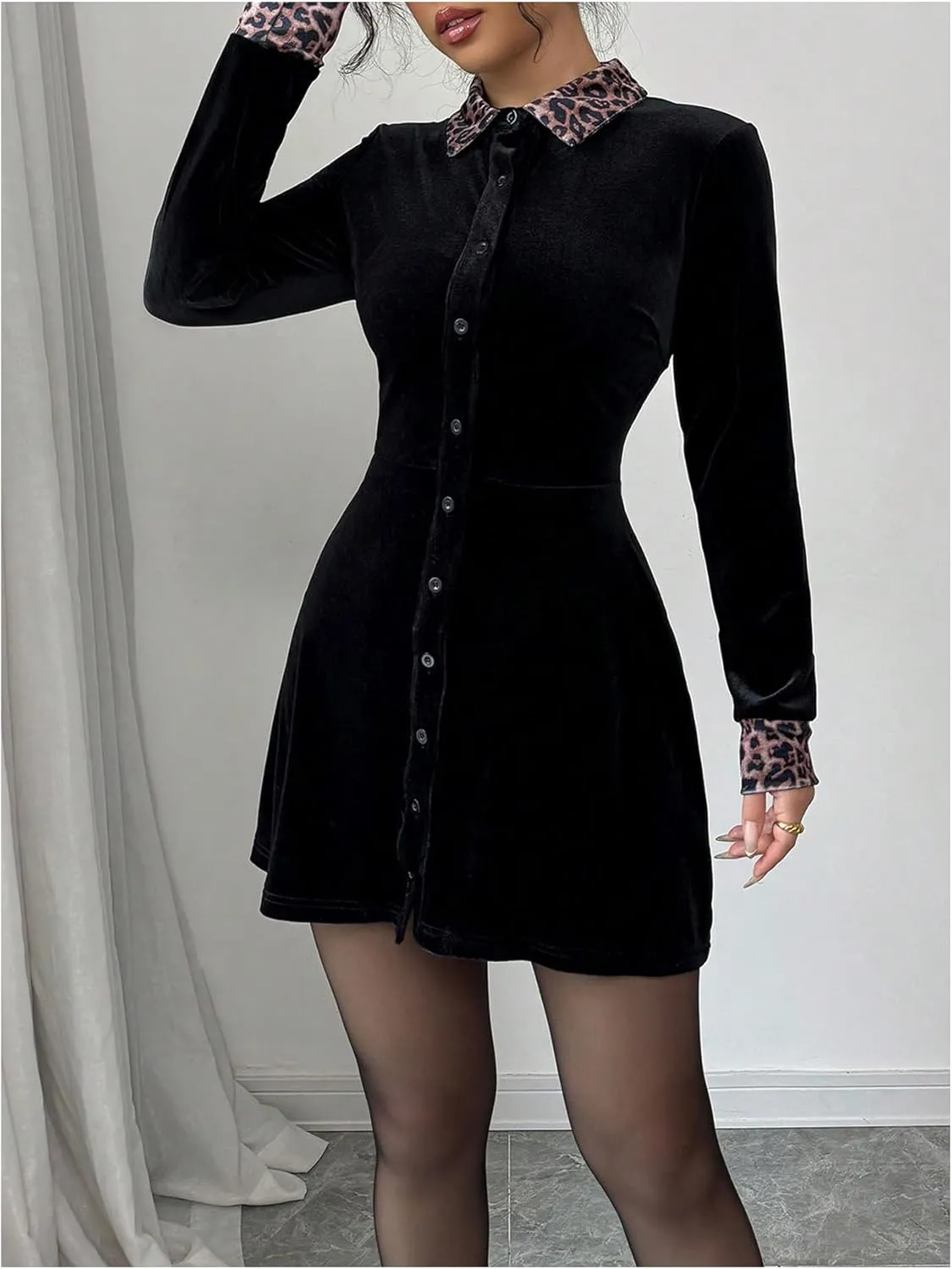 SOLY HUX Women's Velvet Mini Dress Leopard Print Button Down Collared Long Sleeve Shirt Dresses