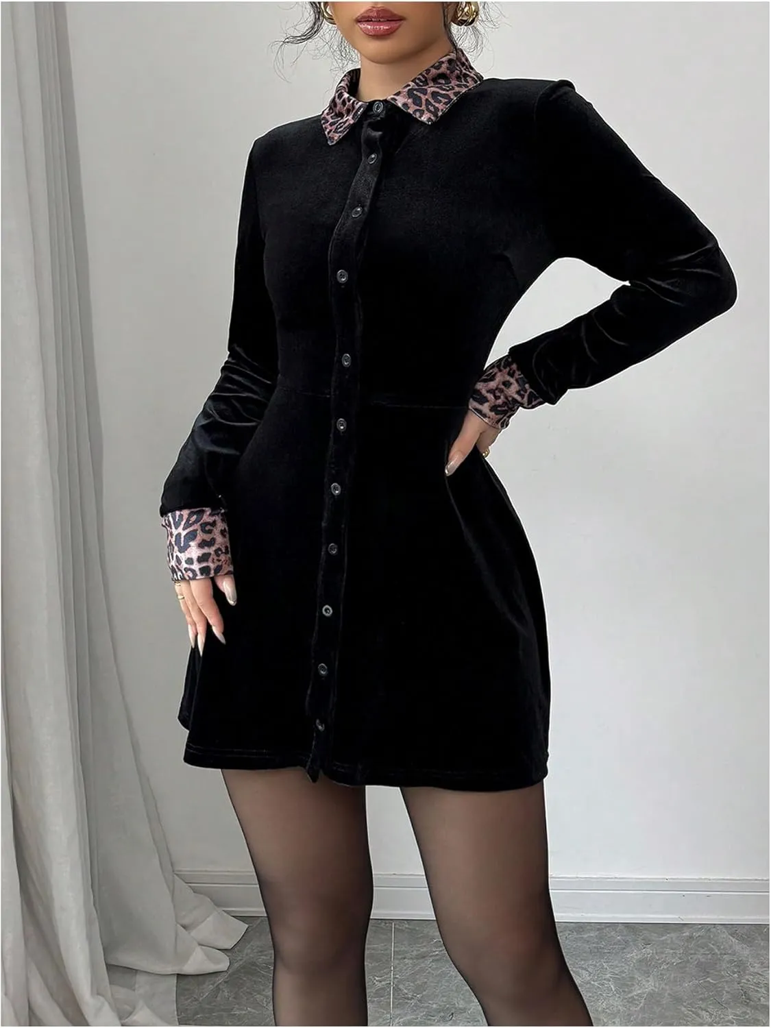 SOLY HUX Women's Velvet Mini Dress Leopard Print Button Down Collared Long Sleeve Shirt Dresses