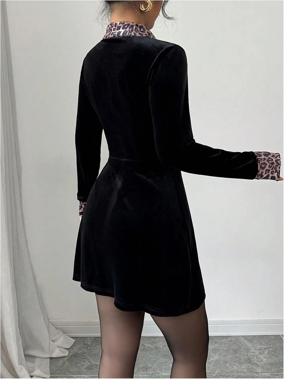 SOLY HUX Women's Velvet Mini Dress Leopard Print Button Down Collared Long Sleeve Shirt Dresses