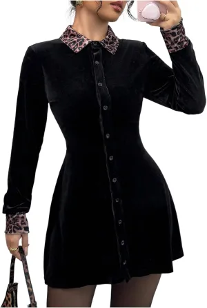 SOLY HUX Women's Velvet Mini Dress Leopard Print Button Down Collared Long Sleeve Shirt Dresses