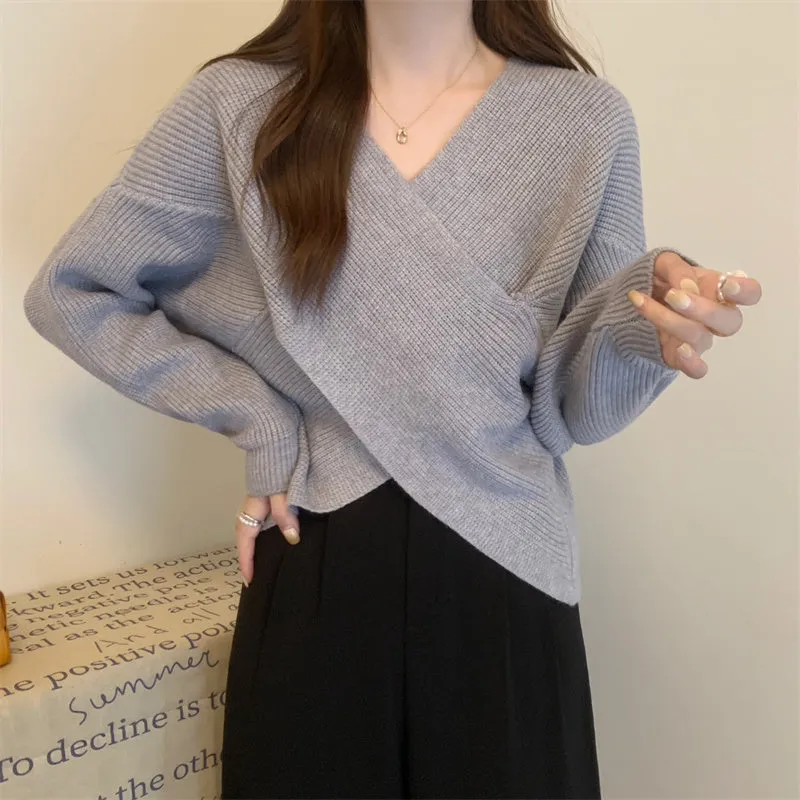 V-Neck Crossover Thermal Long-Sleeve Knitted Sweater