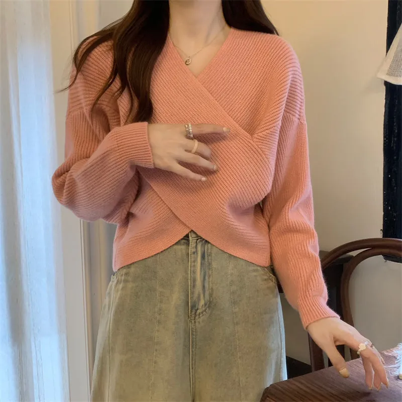 V-Neck Crossover Thermal Long-Sleeve Knitted Sweater