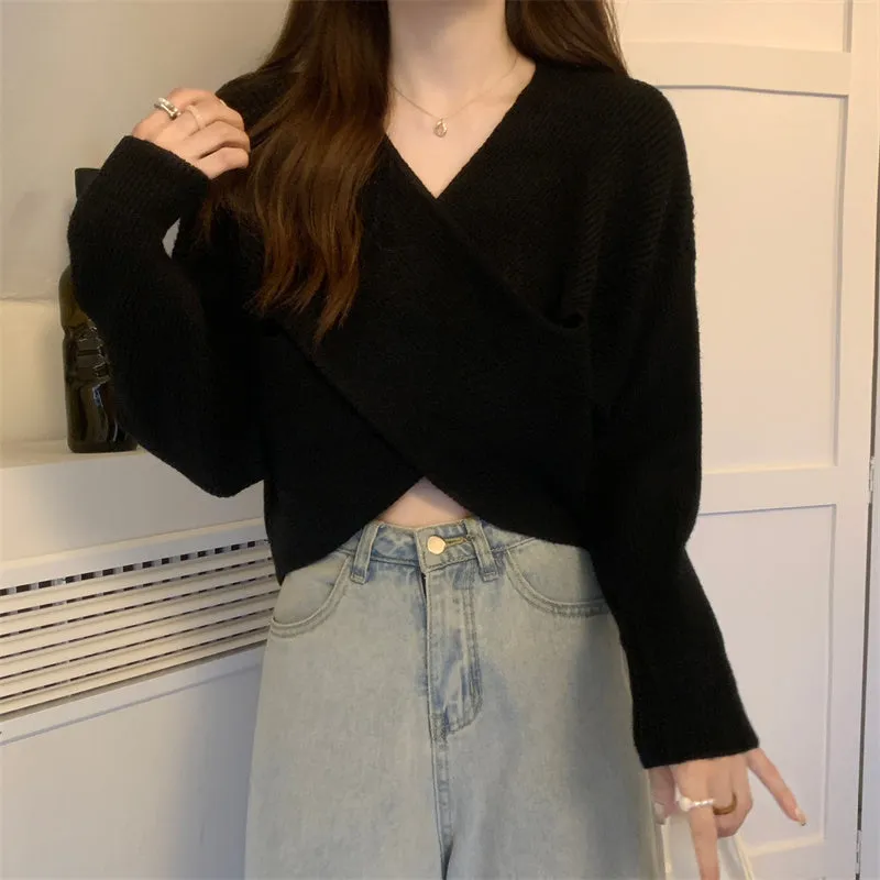 V-Neck Crossover Thermal Long-Sleeve Knitted Sweater