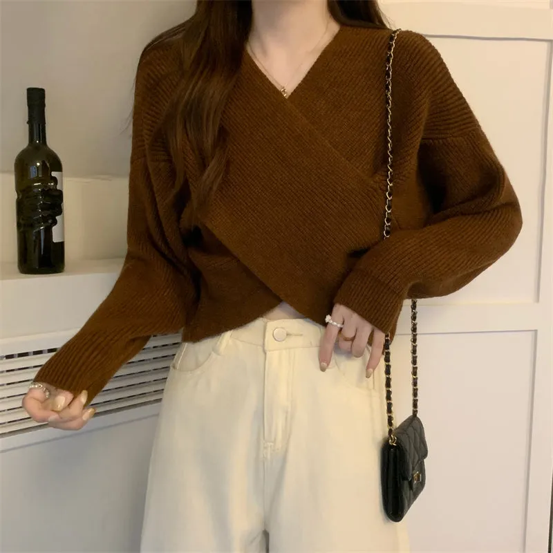 V-Neck Crossover Thermal Long-Sleeve Knitted Sweater