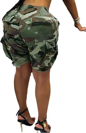 Vakkest Women's Camo Cargo Pants High Waist Slim Fit Trousers Camouflage Active Jogger Pocket Sweatpants with Belt
