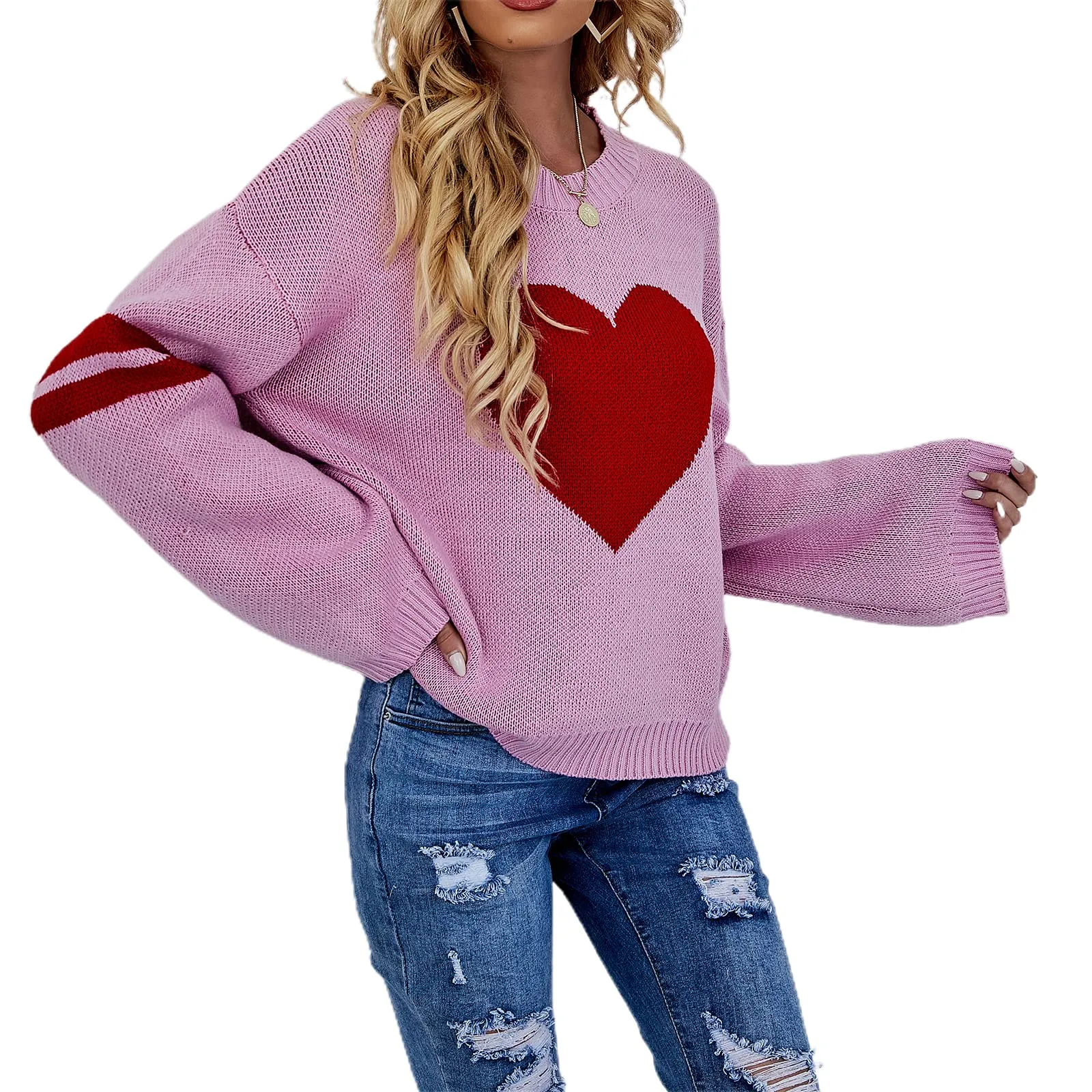 Valentines Heart  Long Sleeve Crew Neck Chunky Knitted Pullover Ribbed Sweater