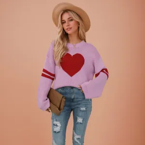 Valentines Heart  Long Sleeve Crew Neck Chunky Knitted Pullover Ribbed Sweater