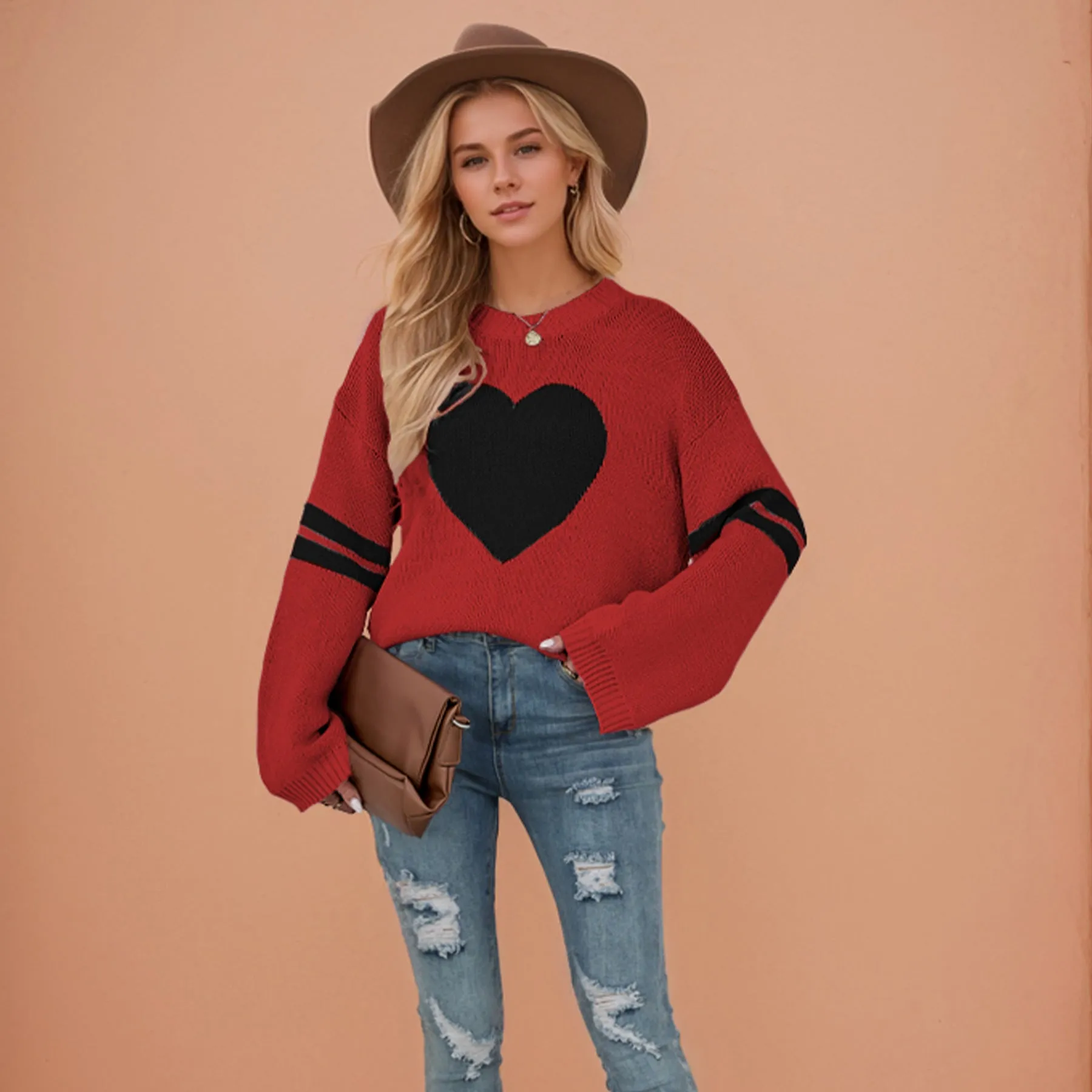 Valentines Heart  Long Sleeve Crew Neck Chunky Knitted Pullover Ribbed Sweater