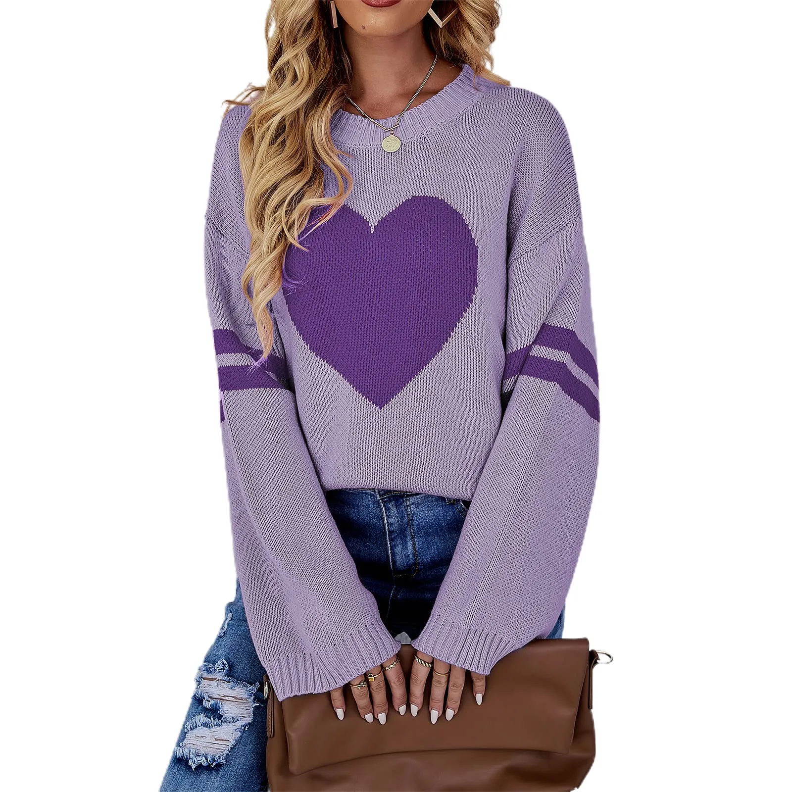 Valentines Heart  Long Sleeve Crew Neck Chunky Knitted Pullover Ribbed Sweater