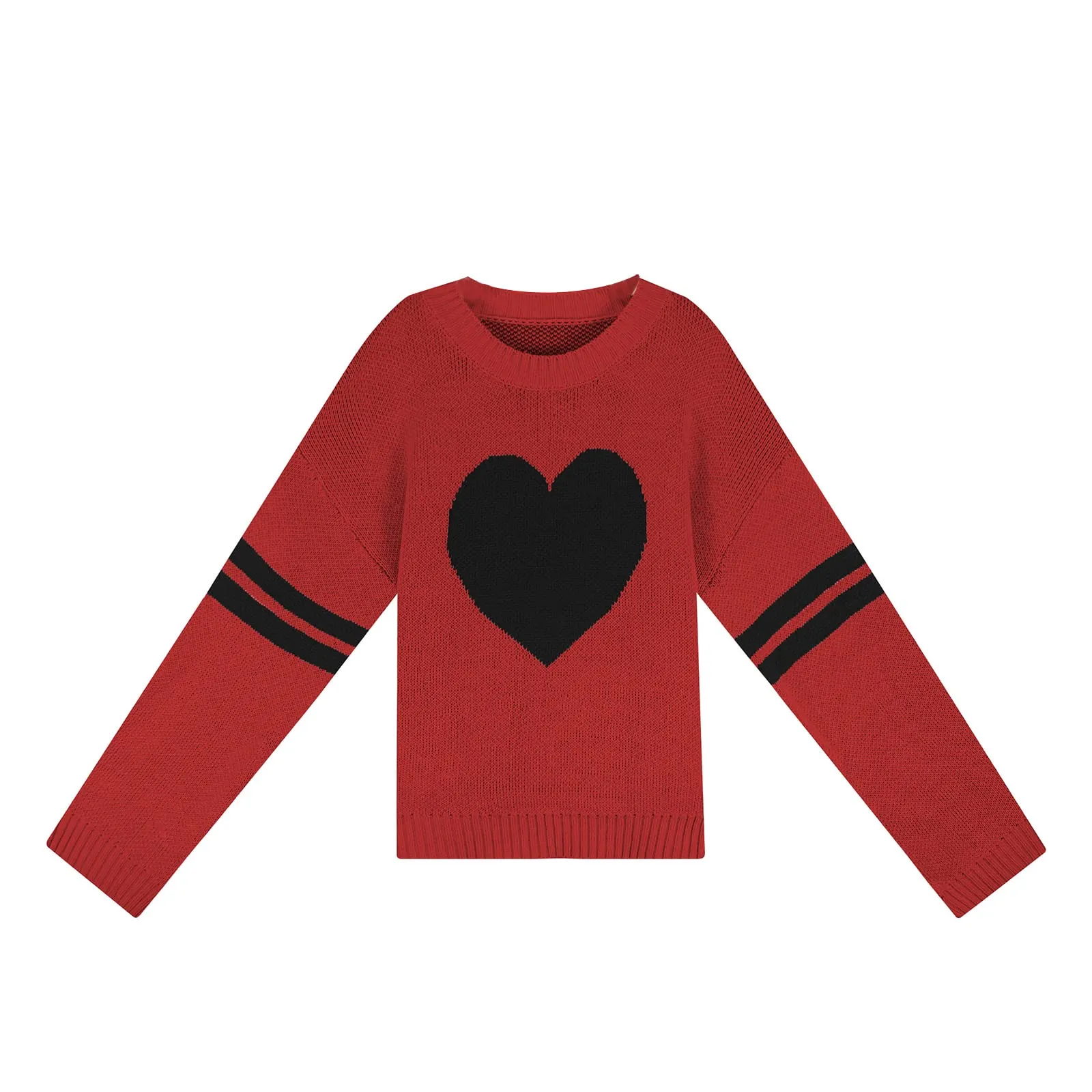 Valentines Heart  Long Sleeve Crew Neck Chunky Knitted Pullover Ribbed Sweater