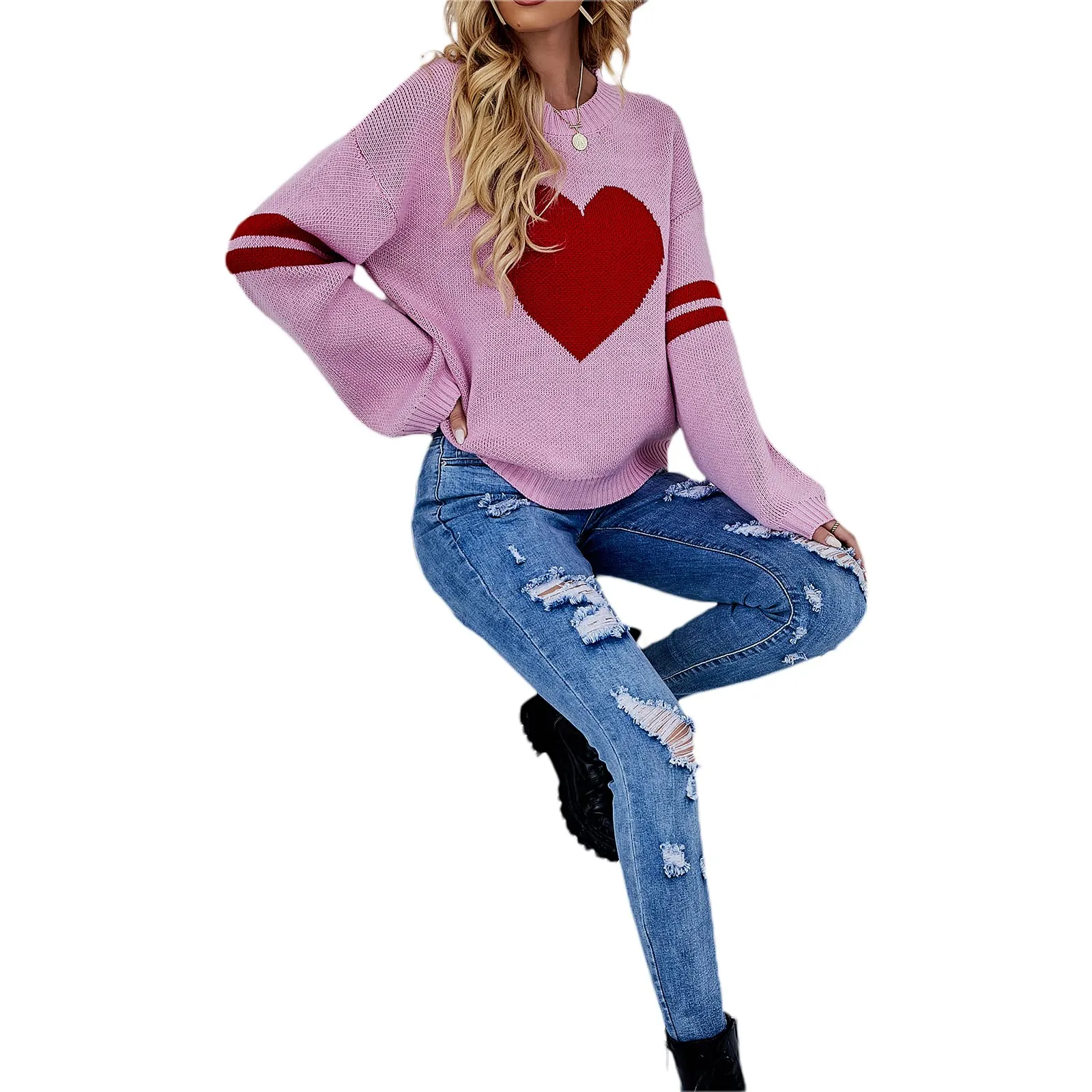 Valentines Heart  Long Sleeve Crew Neck Chunky Knitted Pullover Ribbed Sweater