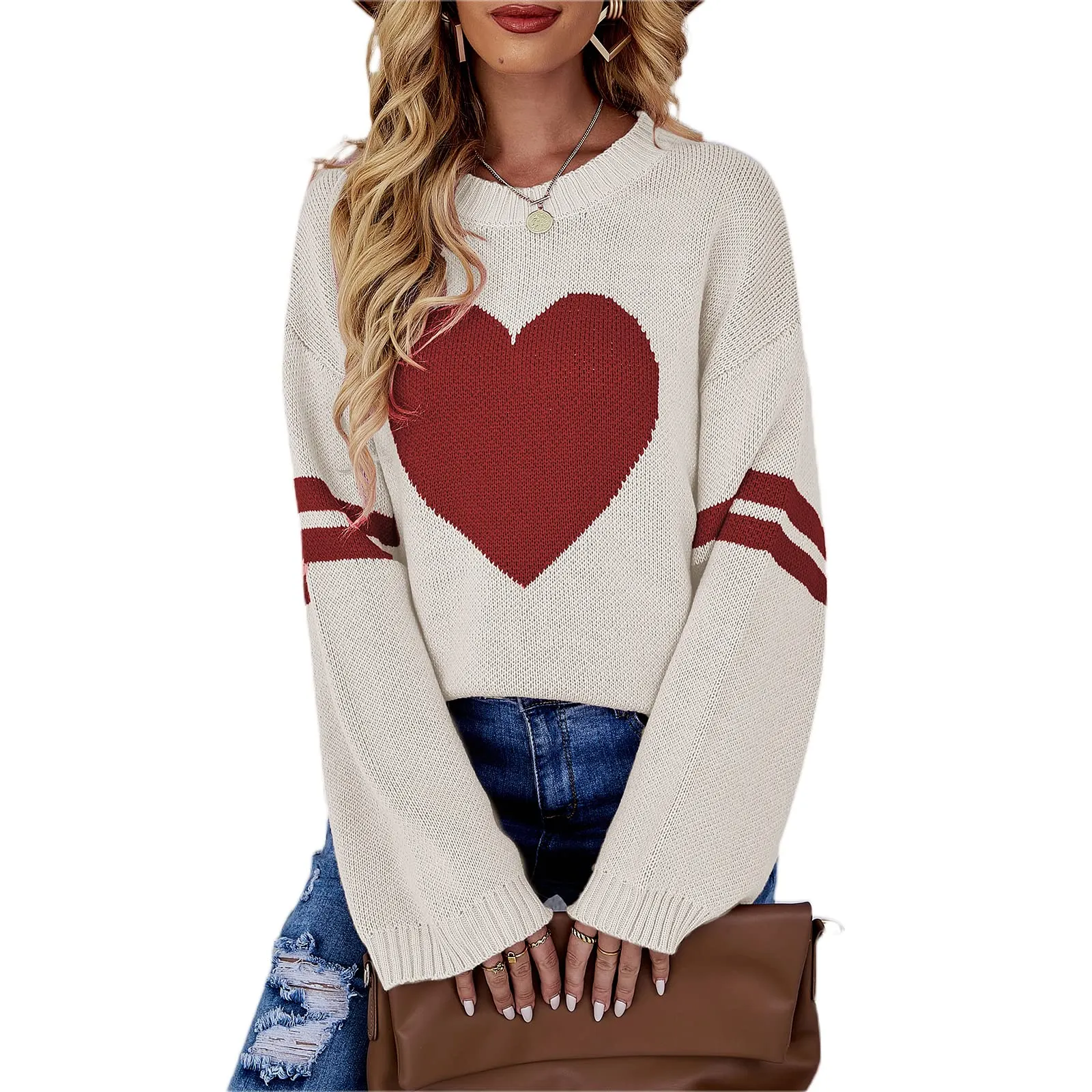 Valentines Heart  Long Sleeve Crew Neck Chunky Knitted Pullover Ribbed Sweater