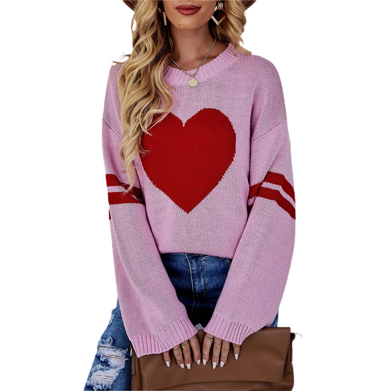 Valentines Heart  Long Sleeve Crew Neck Chunky Knitted Pullover Ribbed Sweater