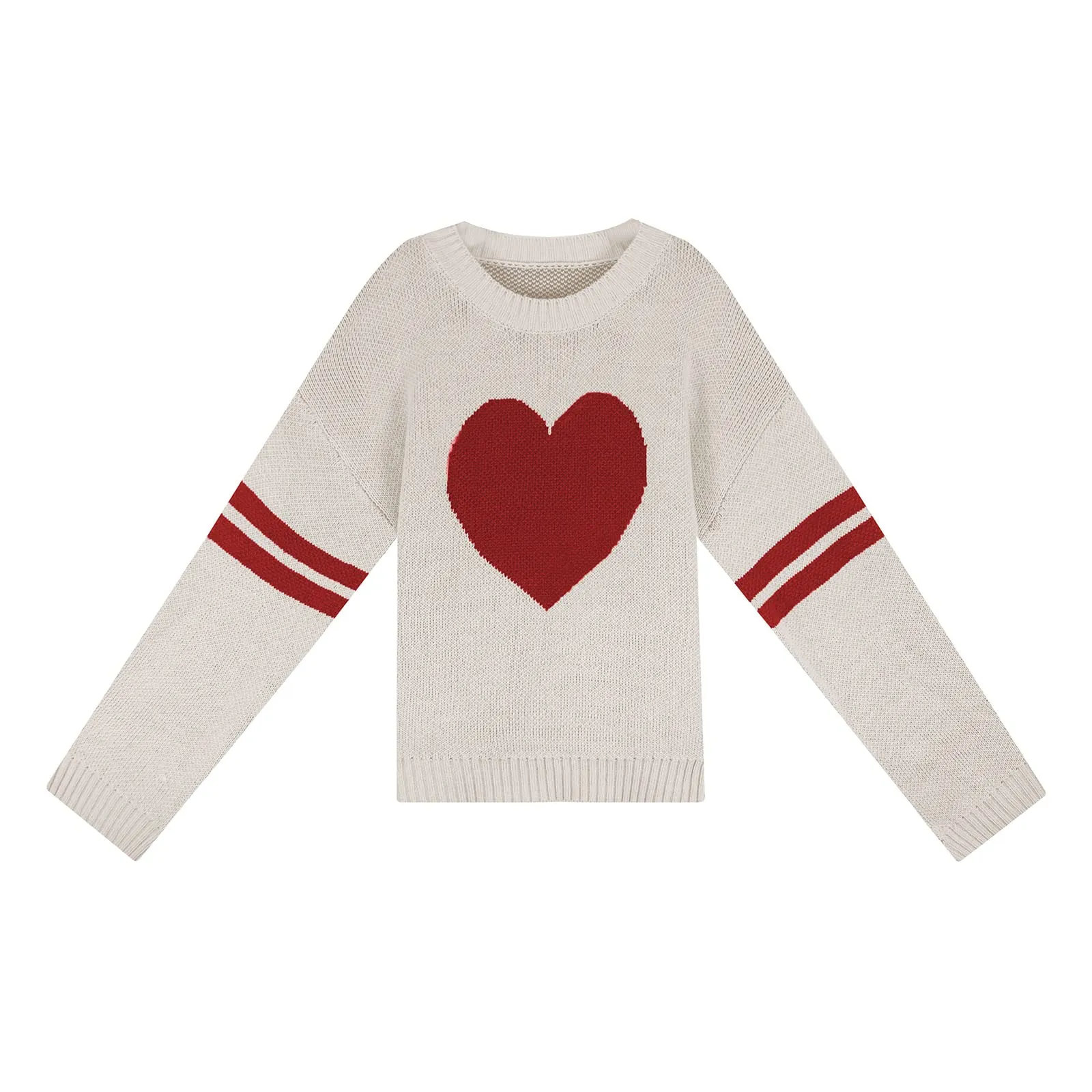 Valentines Heart  Long Sleeve Crew Neck Chunky Knitted Pullover Ribbed Sweater