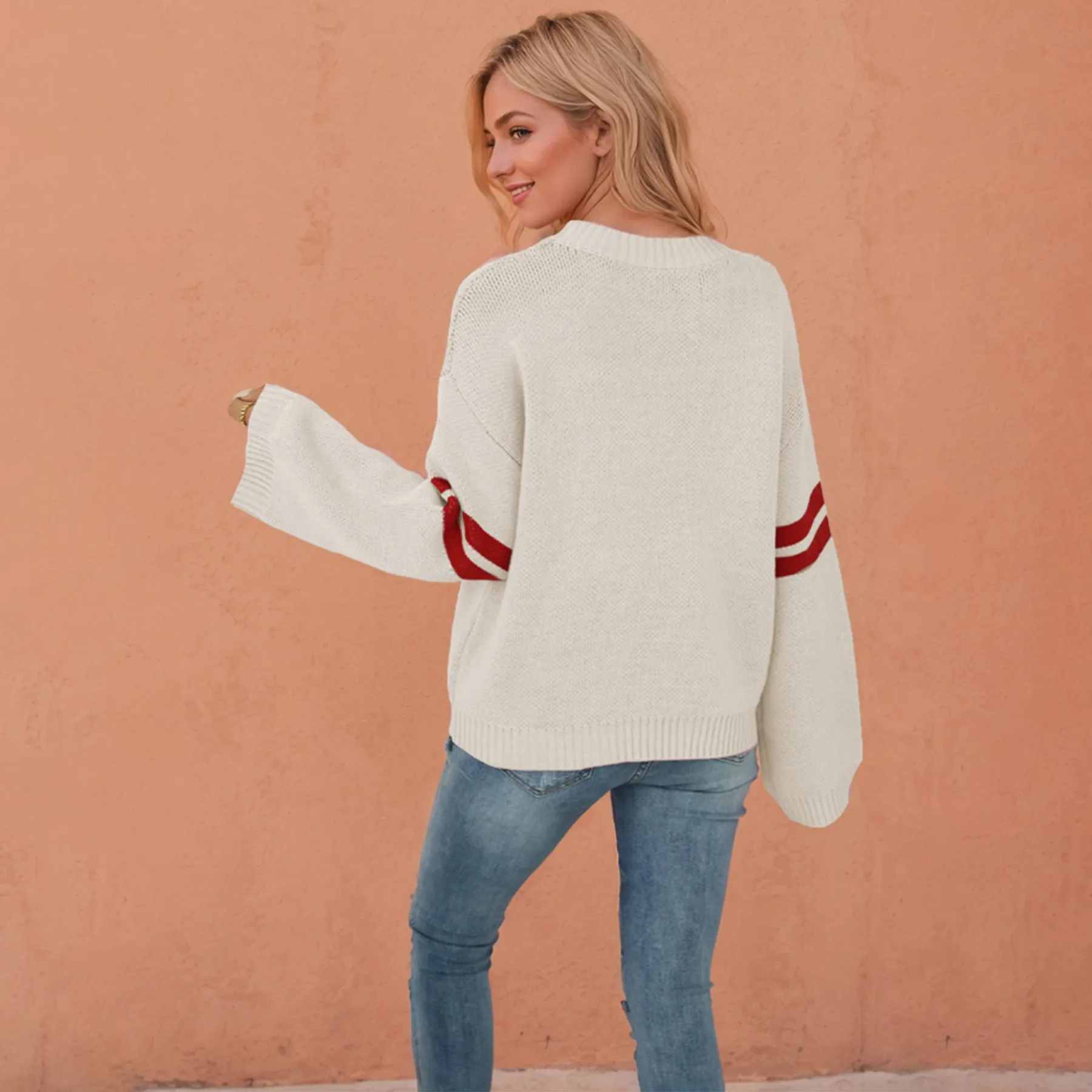 Valentines Heart  Long Sleeve Crew Neck Chunky Knitted Pullover Ribbed Sweater
