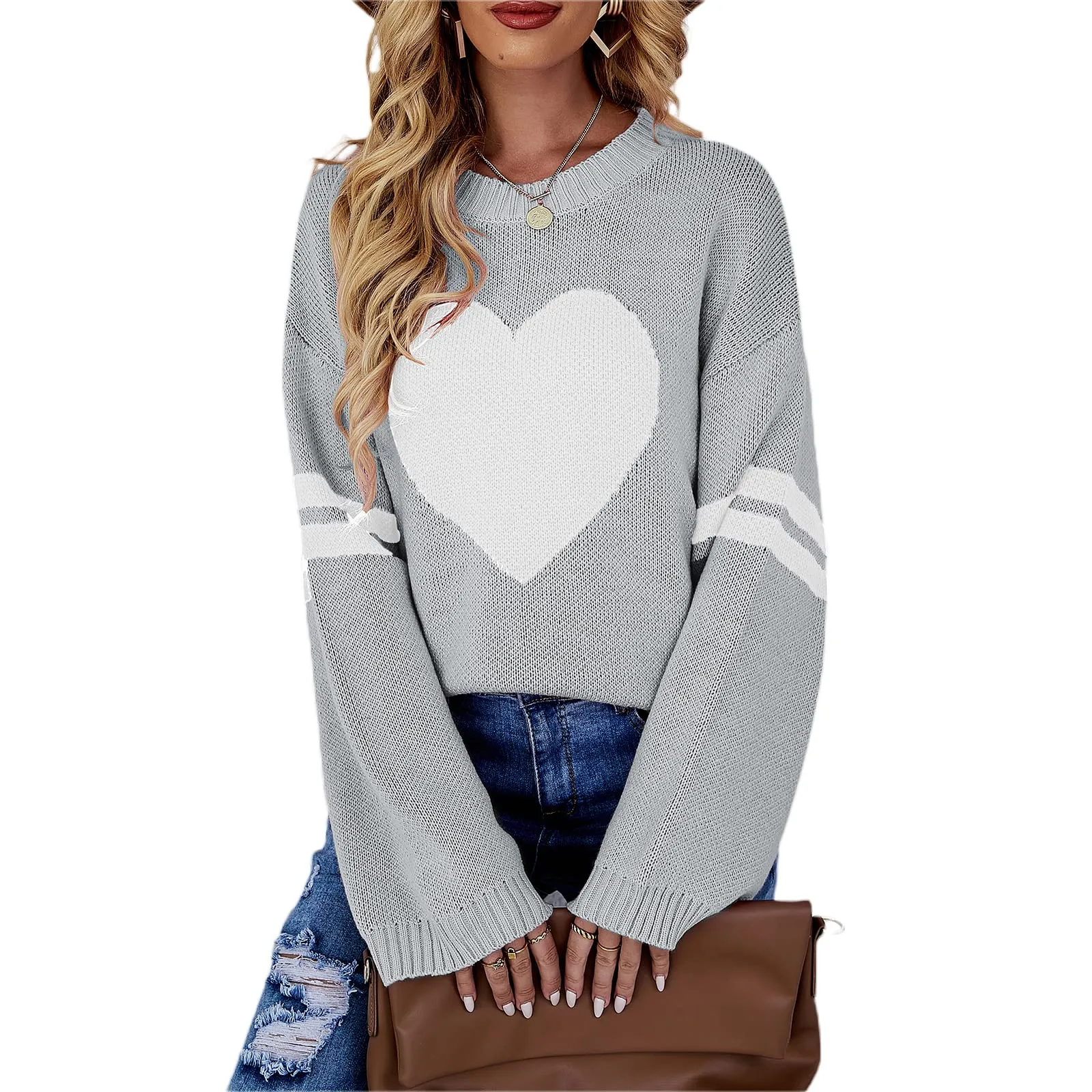 Valentines Heart  Long Sleeve Crew Neck Chunky Knitted Pullover Ribbed Sweater
