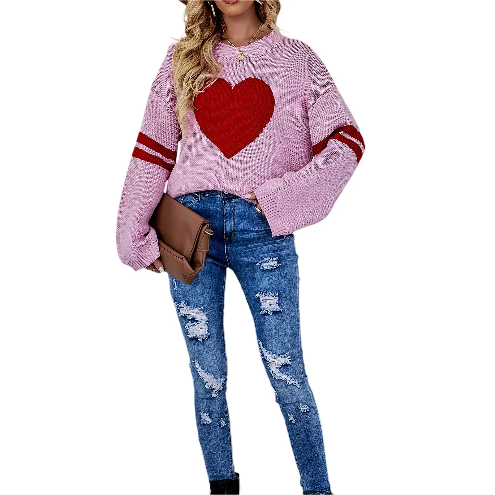 Valentines Heart  Long Sleeve Crew Neck Chunky Knitted Pullover Ribbed Sweater